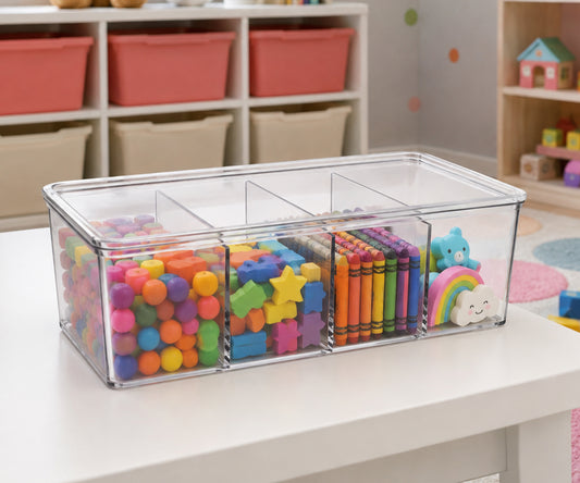 10" x 6" x 3" Clear Plastic Storage Bins with Dividers and Lids
